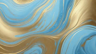 The primary subject of the image is a blue and gold swirling pattern, which appears to be a painting or a digital artwork. The setting is a blue background, and the visual style is a combination of photo and digital art. The dominant colors are blue and gold, creating a sense of depth and richness in the artwork.