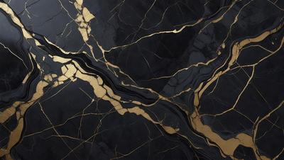 The primary subject of the image is a marble countertop with a gold-colored design. The setting is a kitchen, and the visual style is a close-up of the marble countertop. The colors and mood of the image are predominantly black and gold, giving it a luxurious and elegant appearance.