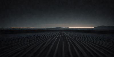 The primary subject of the image is a long, dark road with a patterned surface. The setting is a vast, open field with a sky background. The visual style is a black and white photo, giving the image a classic and timeless appearance. The colors and mood are predominantly dark and moody, with the contrasting light and dark elements creating a dramatic atmosphere.