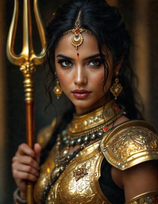 The primary subject of the image is a woman wearing a gold and black outfit, holding a gold trident. She is standing in front of a gold background, which adds to the overall visual style of the image. The woman's outfit and the gold trident suggest a strong and powerful presence, while the gold background creates a sense of luxury and opulence. The colors and mood of the image are predominantly gold and black, which contribute to a sophisticated and elegant atmosphere.