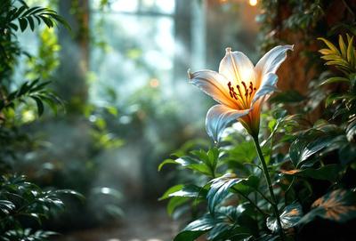 The primary subject of the image is a white flower, which is the main focus of the scene. The flower is located in a garden setting, surrounded by green plants and a forest-like environment. The visual style of the image is a photo, capturing the beauty of the flower in its natural habitat. The colors in the image are predominantly green and white, creating a serene and peaceful atmosphere.