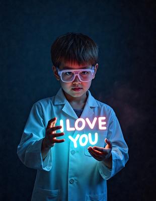 The primary subject of the image is a young boy wearing a white lab coat and holding a sign that reads "I love you." The setting appears to be a dark room, and the visual style is a close-up of the boy. The colors and mood of the image are predominantly dark, with the boy's lab coat and the sign being the main sources of light.
