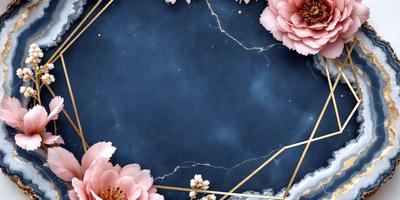 The primary subject of the image is a blue and gold background featuring a design of flowers and stars. The setting is a dark blue surface, possibly a marble table, with gold accents. The visual style is a combination of digital art and illustration, creating a unique and artistic atmosphere. The dominant colors are blue and gold, with the flowers and stars adding a touch of vibrancy to the overall mood.