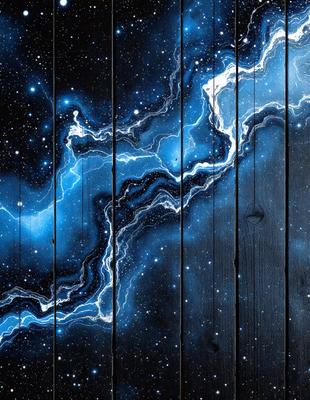 The primary subject of the image is a painting of a blue and white galaxy. The setting is a wooden surface, possibly a wall or a table, with the painting displayed on it. The visual style appears to be a combination of digital art and illustration, creating a unique and captivating representation of the galaxy. The dominant colors in the painting are blue and white, giving the image a serene and celestial atmosphere.