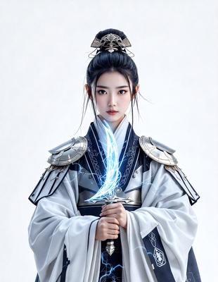 The primary subject of the image is a woman dressed in a white and gold costume, holding a sword. She is standing in front of a white background, which creates a clean and minimalist visual style. The woman's costume and the sword she is holding suggest a strong and powerful character, while the white background adds a sense of purity and elegance to the scene.