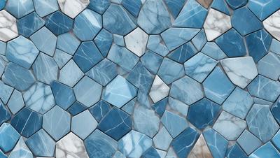 The primary subject of the image is a blue and white tile pattern. The setting is a wall with a blue and white marble pattern. The visual style is a close-up of the tile pattern, showcasing the intricate design. The colors and mood of the image are predominantly blue and white, creating a clean and elegant atmosphere.