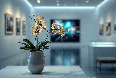 The primary subject of the image is a vase filled with flowers, placed on a table. The setting is a room with a large screen TV in the background. The visual style appears to be a photo, capturing the beauty of the flowers and the room's ambiance. The colors and mood of the image are predominantly white, creating a clean and serene atmosphere.