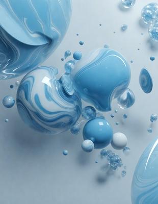 The primary subject of the image is a group of blue glass balls floating in a blue liquid. The setting is a white background, which provides a clean and minimalist appearance. The visual style is a combination of photo and digital art, creating a realistic yet artistic representation of the glass balls and liquid. The colors and mood of the image are predominantly blue, giving it a calm and serene atmosphere.