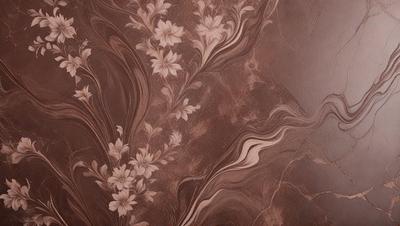 The primary subject of the image is a decorative design featuring flowers and leaves. The setting is a marble surface, which adds a sense of elegance and sophistication to the scene. The visual style is a combination of photo and digital art, creating a unique and artistic representation of the flowers and leaves. The colors and mood of the image are predominantly warm and inviting, with the flowers and leaves serving as a focal point that draws the viewer's attention.