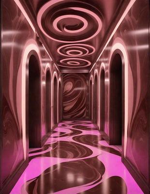 The primary subject of the image is a hallway with a pink and purple color scheme. The setting is a long, narrow passage with a patterned floor and walls. The visual style is a combination of photo and digital art, creating a unique and artistic atmosphere. The colors and mood of the scene are vibrant and lively, with the pink and purple hues evoking a sense of warmth and creativity.