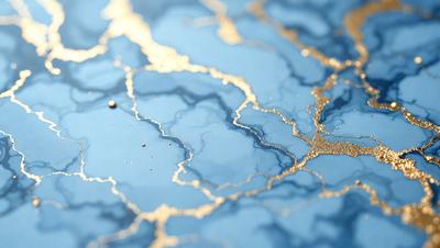 The primary subject of the image is a blue surface with gold and blue patterns. The setting is a blue table, and the visual style appears to be a combination of digital art and illustration. The dominant colors are blue and gold, creating a calm and elegant atmosphere.