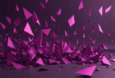 The primary subject of the image is a large number of purple triangles flying through the air. The setting is a dark background, which contrasts with the bright purple triangles. The visual style is a combination of digital art and illustration, creating a dynamic and eye-catching scene. The colors and mood of the image are predominantly purple, giving it a vibrant and energetic atmosphere.