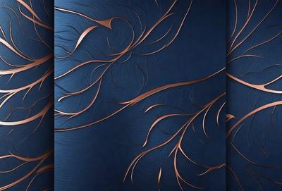 The primary subject of the image is a blue background with a pattern of swirls and curves. The setting is a dark blue background, which contrasts with the swirls and curves. The visual style is a combination of digital art and illustration, creating a unique and intricate design. The colors and mood of the image are predominantly dark and moody, with the swirls and curves adding a sense of depth and complexity to the overall composition.