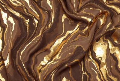 The primary subject of the image is a brown and gold fabric with a pattern of gold and brown stripes. The setting is a close-up view of the fabric, showcasing its intricate design. The visual style is a detailed, up-close representation of the fabric. The colors and mood of the image are warm and earthy, with the gold and brown tones creating a sense of richness and luxury.
