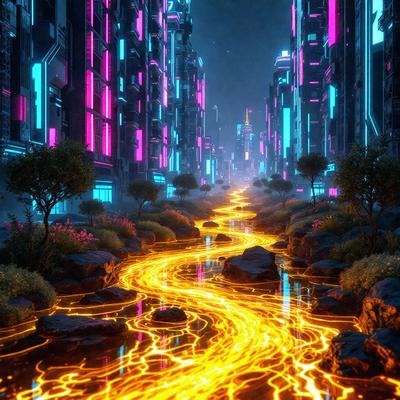 The primary subject of the image is a brightly lit, futuristic cityscape with a river of fire flowing through it. The setting is a city with tall buildings and a nighttime atmosphere. The visual style is a digital art or illustration, creating a vibrant and surreal scene. The dominant colors are orange and blue, giving the image a warm and energetic mood.