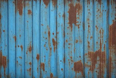 The primary subject of the image is a blue wall with rust and peeling paint. The setting is a room with a blue wall, and the visual style is a photo. The dominant colors are blue and rust, creating a mood of aging and deterioration.