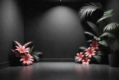 The primary subject of the image is a large pink flower, which is placed in a black and white setting. The visual style of the image is a combination of photo and digital art, creating a unique and artistic representation of the flower. The dominant colors in the image are black and white, with the pink flower being the main focal point. The overall atmosphere of the image is elegant and sophisticated, with the flower serving as a striking centerpiece.