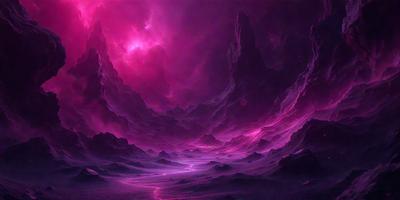 The primary subject of the image is a purple and pink sky with a purple background. The setting is a rocky landscape with mountains and a purple sky. The visual style is a digital art or illustration, creating a surreal and dreamy atmosphere. The colors and mood of the image are predominantly purple and pink, giving it a serene and ethereal quality.