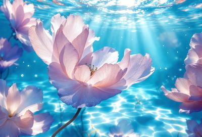 The primary subject of the image is a single pink flower floating in a blue water environment. The setting appears to be a swimming pool or a body of water with a sunny atmosphere. The visual style of the image is a photo, capturing the beauty of the pink flower in its natural surroundings. The colors and mood of the image are predominantly pink and sunny, creating a serene and peaceful atmosphere.