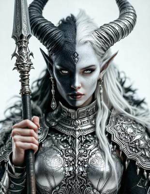 The primary subject of the image is a woman with long white hair, wearing a silver and black outfit. She is holding a sword in her hand. The setting is a white background, which provides a clean and minimalist look to the image. The visual style is a combination of digital art and illustration, creating a unique and intriguing scene. The colors in the image are predominantly silver and black, giving the image a sleek and modern feel.