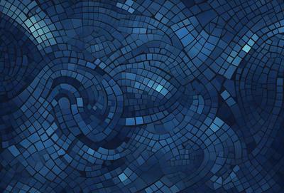 The primary subject of the image is a blue and white mosaic pattern. The setting is a blue background, and the visual style is a digital art or illustration. The dominant colors are blue and white, creating a calm and serene atmosphere.