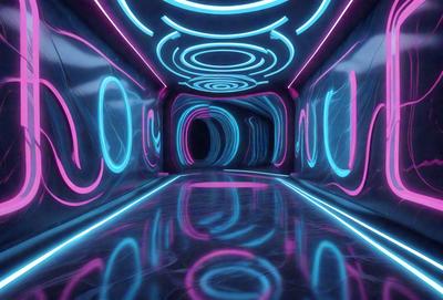 The primary subject of the image is a long, narrow hallway with a blue and pink lighting effect. The setting is a futuristic environment, possibly a space station or a futuristic building. The visual style is a combination of digital art and illustration, creating a unique and captivating atmosphere. The dominant colors are blue and pink, which contribute to the futuristic and surreal mood of the scene.