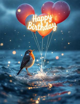 The primary subject of the image is a small bird perched on a branch in the water. The setting is a serene body of water, with a few balloons floating nearby. The visual style is a combination of photo and digital art, creating a unique and artistic representation of the scene. The colors and mood of the image are predominantly blue and calm, reflecting the tranquility of the water and the bird's presence.