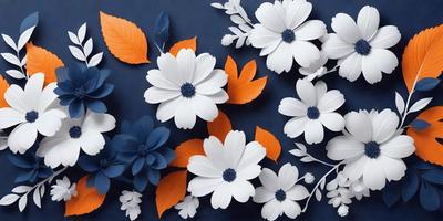 The primary subject of the image is a collection of white and orange flowers, which are arranged in a visually appealing manner. The setting is a blue background, which provides a contrasting and complementary color to the flowers. The visual style of the image is a combination of digital art and illustration, creating a vibrant and lively atmosphere. The dominant colors in the image are white and orange, which create a warm and inviting mood.