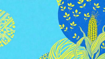 The primary subject of the image is a leafy plant with yellow and blue colors. The setting is a blue background, which creates a contrast with the plant's colors. The visual style is a combination of digital art and illustration, giving the image a unique and artistic appearance. The dominant colors are yellow and blue, creating a lively and vibrant atmosphere.