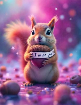 The primary subject of the image is a small, cute, and fluffy squirrel holding a heart-shaped sign with the words "I miss you" written on it. The setting is a pink background, which adds a warm and cozy atmosphere to the scene. The visual style of the image is a combination of digital art and illustration, creating a whimsical and heartwarming scene. The colors used in the image are predominantly pink, which further emphasizes the warm and affectionate m