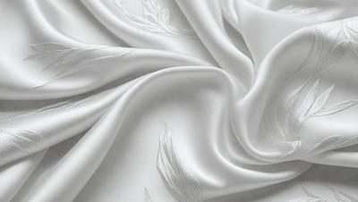 The primary subject of the image is a white sheet with a pattern of white flowers. The sheet is draped over a surface, creating a visually appealing and elegant display. The setting appears to be a room with a bed, as the sheet is covering the bed. The visual style of the image is a close-up of the sheet, showcasing the intricate details of the flower pattern. The colors and mood of the image are predominantly white, giving it a clean and serene atmosphere.
