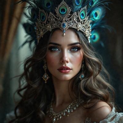 The primary subject of the image is a woman wearing a feathered headdress, which is a unique and eye-catching accessory. The setting appears to be a dark room, which adds a dramatic and mysterious atmosphere to the scene. The visual style of the image is a combination of photo and digital art, creating a striking and artistic representation of the woman's appearance. The colors in the image are predominantly dark, with the feathered headdress being the main focal point, and the overall m