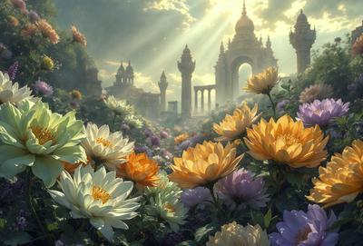 The primary subject of the image is a beautiful garden filled with a variety of flowers. The garden is set against a backdrop of a majestic castle, creating a picturesque and serene atmosphere. The visual style of the image is a combination of photo and digital art, resulting in a vibrant and detailed representation of the garden and castle. The dominant colors in the image are a mix of purple, yellow, and orange, which contribute to the overall mood of the scene.