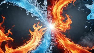 The primary subject of the image is a fire and ice theme, with a blue and orange color scheme. The setting is a black background, which contrasts with the vibrant colors of the fire and ice. The visual style is a digital art or illustration, creating a dynamic and eye-catching scene. The overall atmosphere is one of contrast and balance, with the fire representing warmth and energy, while the ice symbolizes coldness and tranquility.