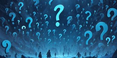 The primary subject of the image is a group of people standing in a snowy environment. They are surrounded by a large number of blue and white question marks, which create a visually striking and unique scene. The setting appears to be a mountainous area, with the people and the question marks filling the majority of the image. The visual style of the image is a combination of digital art and illustration, giving it a distinct and artistic appearance. The colors and mood of the image are predominantly blue and white, with the question