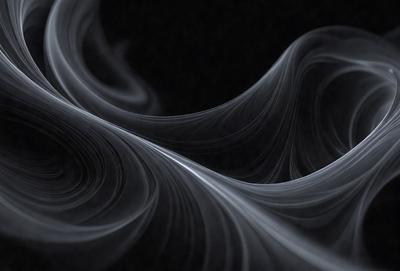 The primary subject of the image is a black and white photo of a smoke-like pattern. The setting is a dark background, which contrasts with the smoke pattern. The visual style is a close-up of the smoke pattern, showcasing its intricate details. The colors and mood of the image are predominantly dark and moody, with the smoke pattern creating a sense of depth and complexity.