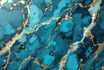 The primary subject of the image is a blue and gold marble-like surface, which appears to be a wall or a table. The setting is a room with a blue and gold marble-like surface, which is the main focus of the image. The visual style is a close-up of the marble-like surface, showcasing its intricate patterns and textures. The colors and mood of the image are predominantly blue and gold, creating a luxurious and elegant atmosphere.