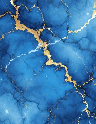 The primary subject of the image is a blue marble surface with gold accents. The setting is a blue and gold marble wall, which serves as the background. The visual style is a combination of digital art and illustration, creating a unique and intricate design. The dominant colors are blue and gold, giving the image a luxurious and elegant appearance.