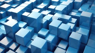 The primary subject of the image is a blue, three-dimensional grid of cubes. The setting is a blue background, which creates a visually appealing contrast with the blue cubes. The visual style is a combination of digital art and illustration, as the cubes are arranged in a patterned manner. The colors and mood of the image are predominantly blue, giving it a calm and serene atmosphere.