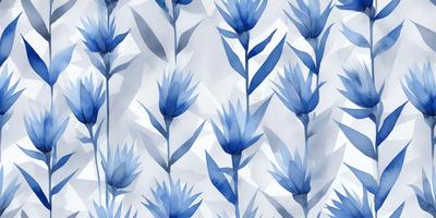 The primary subject of the image is a pattern of blue flowers. The setting is a white background, which creates a clean and minimalist appearance. The visual style is a combination of digital art and illustration, as the flowers are depicted in a detailed and artistic manner. The dominant colors are blue and white, creating a calm and serene atmosphere.