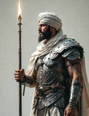 The primary subject of the image is a man dressed in a suit of armor, holding a staff. He is standing in front of a wall, which serves as the setting for the scene. The visual style of the image is a combination of digital art and illustration, creating a detailed and intricate representation of the man in armor. The colors and mood of the image are predominantly dark, with the man's armor and the staff being the main focus, giving the scene a sense of power and strength.