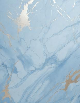 The primary subject of the image is a blue marble wall with a pattern of gold streaks. The setting is a room with a blue marble wall, and the visual style is a combination of a photo and digital art. The dominant colors are blue and gold, creating a serene and elegant atmosphere.