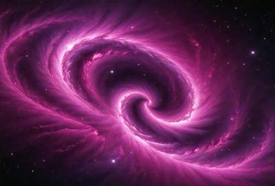 The primary subject of the image is a large, pink, swirling spiral. The spiral is the main object, scene, or focus of the image. The setting or background of the image is a dark, starry sky. The visual style of the image is digital art, as it appears to be a digital illustration or drawing. The colors and mood of the image are predominantly pink, creating a warm and vibrant atmosphere.