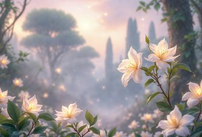Primary subject: White flowers
Setting/background: A forest with trees and a sunset in the background
Visual style: Digital art
Colors and mood: The flowers are white, and the overall atmosphere is serene and peaceful.