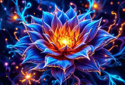 The primary subject of the image is a large, vibrant blue flower with a yellow center. The flower is the focal point of the scene, and it is set against a backdrop of a blue and purple sky. The visual style of the image is digital art, as it appears to be a computer-generated or digitally painted creation. The dominant colors in the image are blue and yellow, creating a lively and energetic atmosphere.