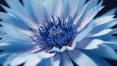 The primary subject of the image is a large, blue flower with a white center. The flower is the main focus of the image, and it is set against a blue background. The visual style of the image is a close-up of the flower, showcasing its details and beauty. The dominant colors in the image are blue and white, creating a serene and calming atmosphere.