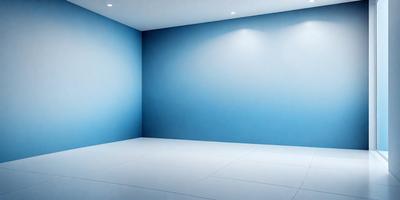 The primary subject of the image is a large, empty room with a blue wall. The room appears to be a large, open space with no furniture or decorations. The setting is a white room with a blue wall, and the visual style is a photo. The colors and mood of the image are predominantly blue, creating a calm and serene atmosphere.