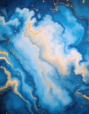 The primary subject of the image is a blue and gold painting of a galaxy. The setting is a blue and gold background, which complements the painting. The visual style is a digital art or illustration, creating a vibrant and colorful atmosphere. The dominant colors are blue and gold, with the gold adding a warm and luminous touch to the painting.