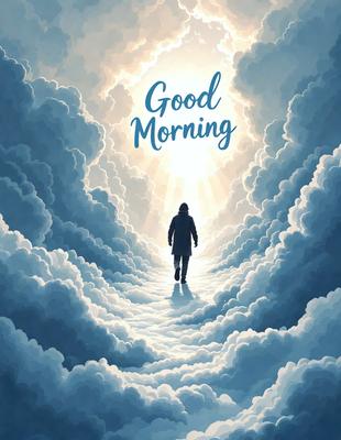 Primary subject: A person walking in a cloudy sky.

Setting/background: The sky is filled with clouds, creating a dramatic and atmospheric backdrop.

Visual style: The image is a digital art or illustration, featuring a person walking in a cloudy sky.

Colors and mood: The image has a blue and white color scheme, giving it a serene and peaceful atmosphere.