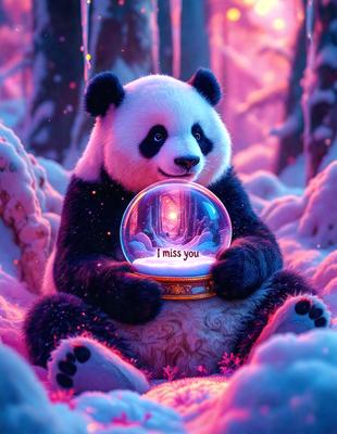 The primary subject of the image is a panda bear sitting in the snow, holding a snow globe. The setting is a snowy environment, and the visual style appears to be a digital art or illustration. The colors in the image are predominantly pink and white, creating a warm and cozy atmosphere.